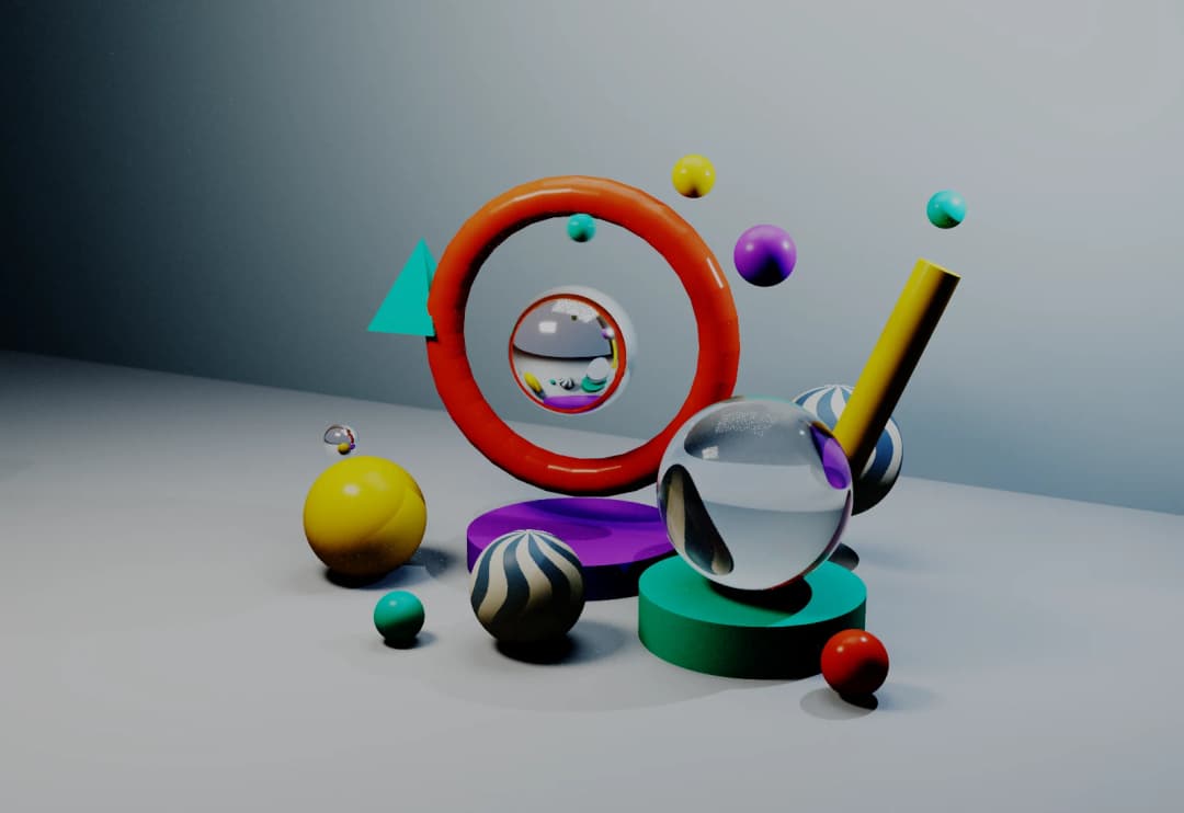 Colourful geometric shapes rendered with a raytracer