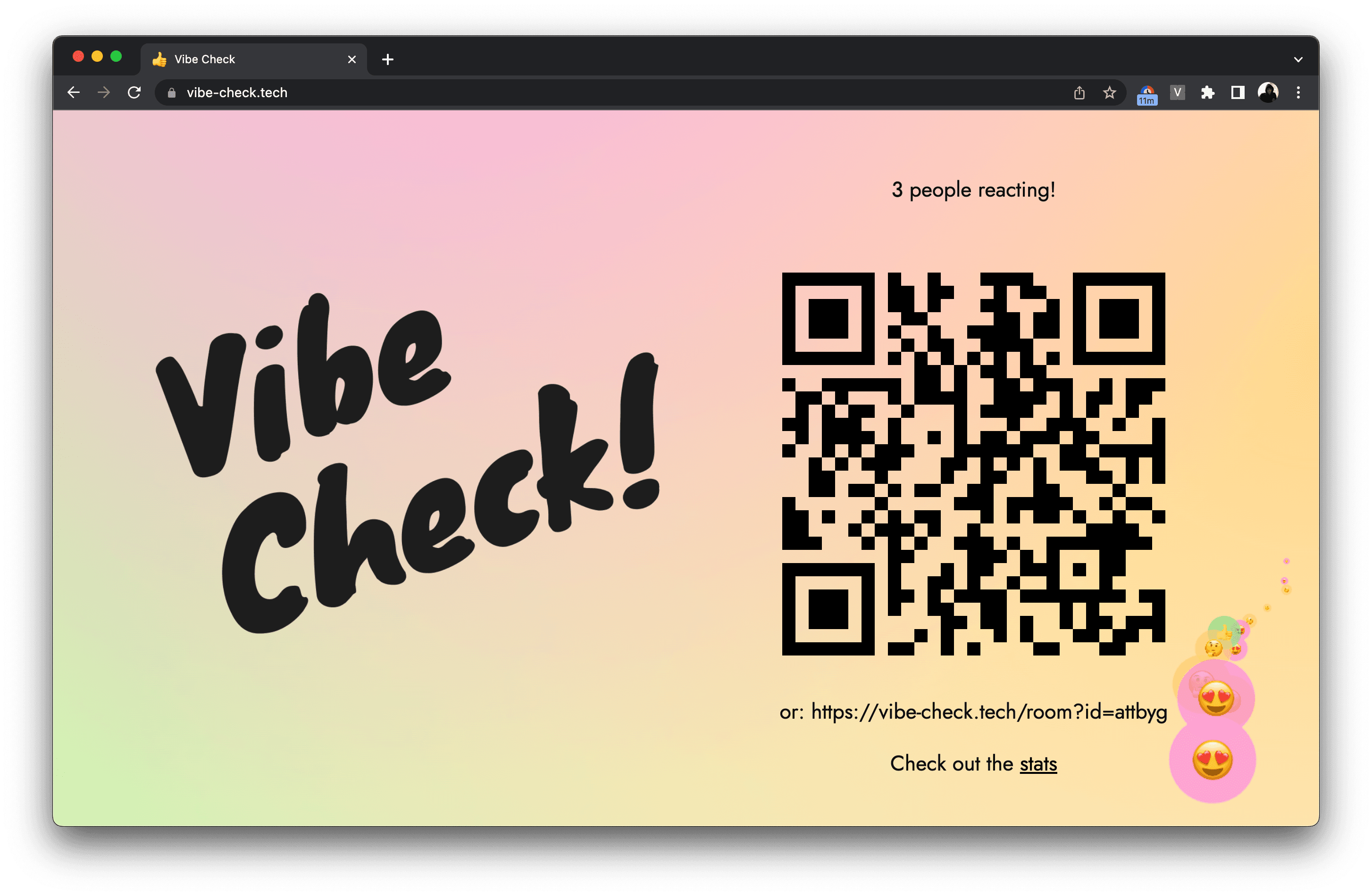 Screenshot of Chrome tab showing the vibe-check website. Large vibe check logo on the left and a QR code on the right. Real-time reactions are visible on the bottom right.