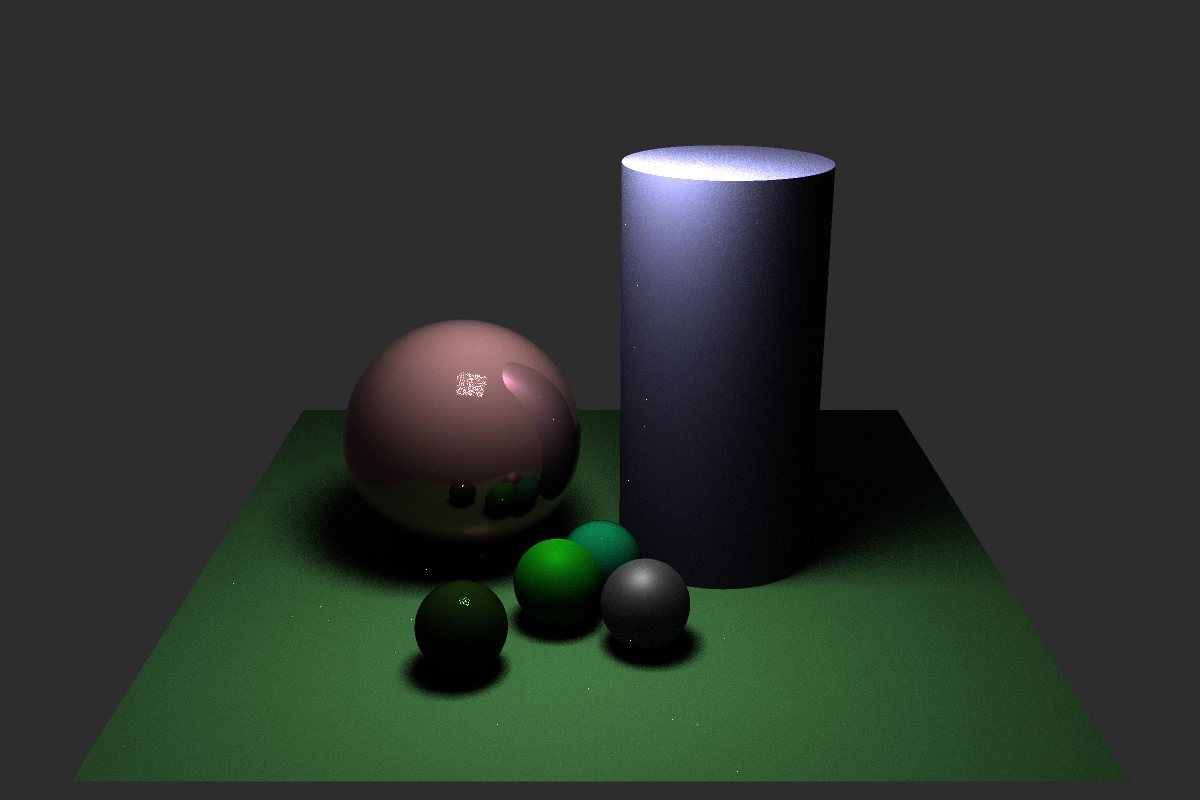 A glossy sphere and cylinder lit by a broad soft area light