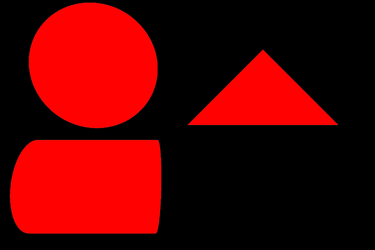 Red silhouettes of a sphere, triangle and cylinder on a black background