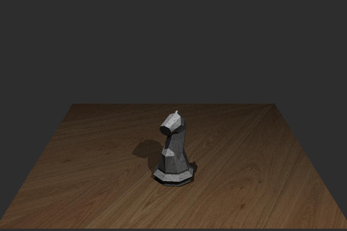 A raytraced chess knight with a wood-textured floor