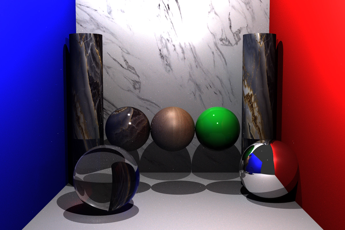 A richly lit scene of textured and reflective spheres between red and blue walls