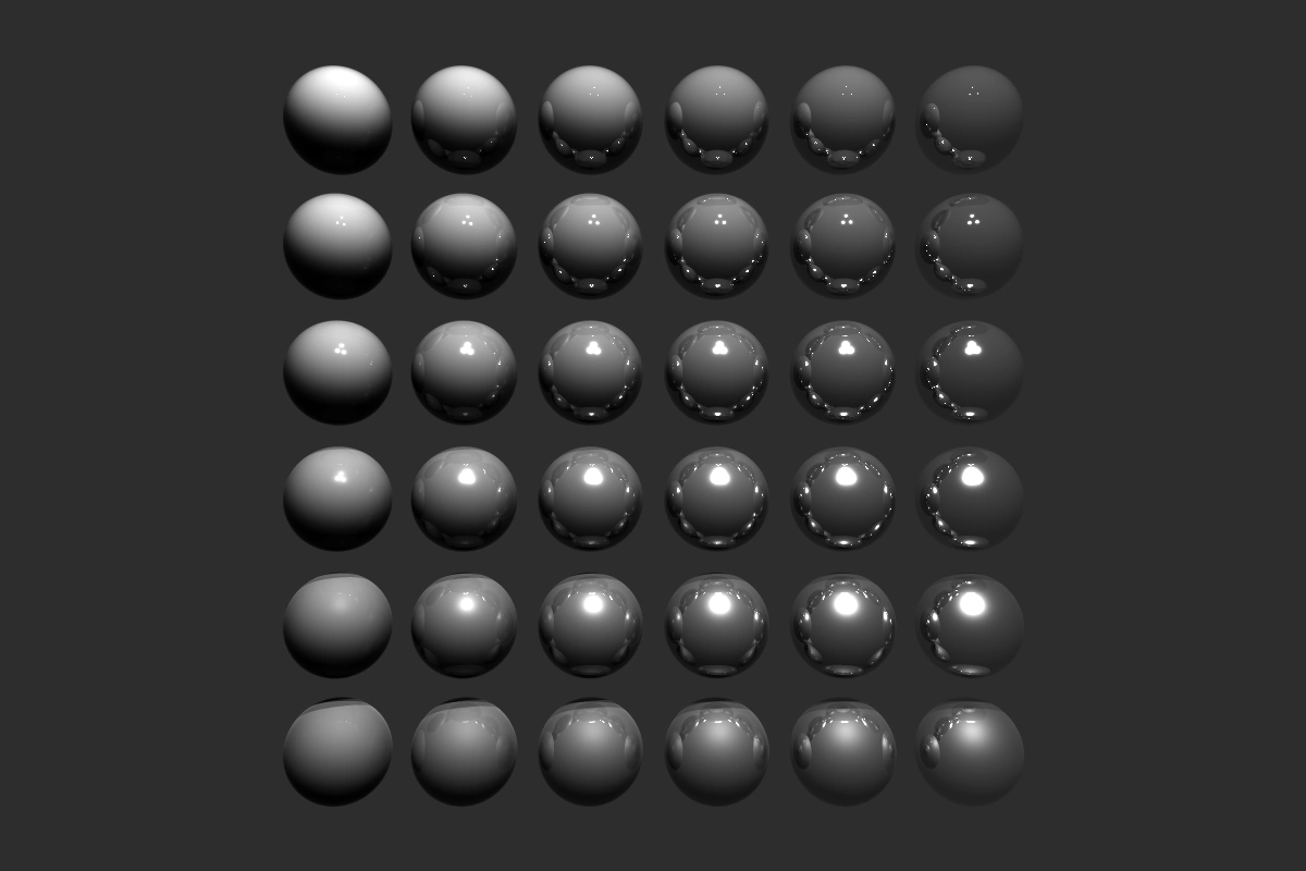 A six by six grid of spheres progressing from rough and matte to glossy and metallic