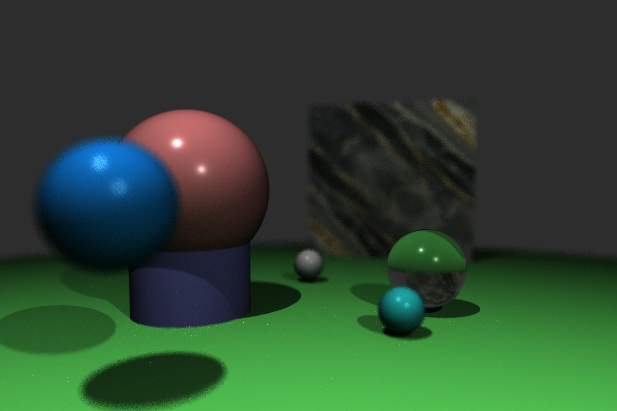 Colourful spheres with near and distant objects blurred by depth of field
