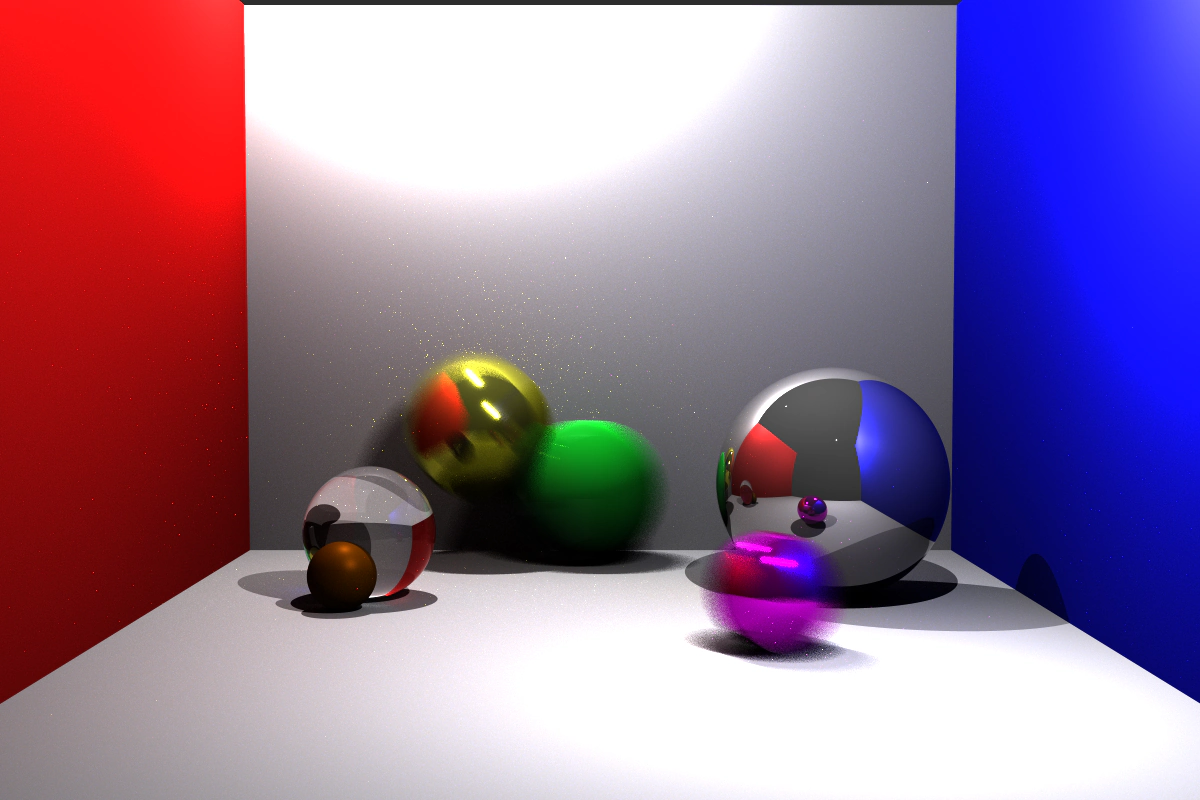 A pathtraced scene of glossy spheres streaked with motion blur