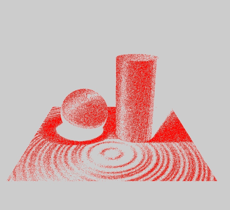 A red difference map showing pixels changed between two otherwise identical raytraced renders with randomised bounced rays