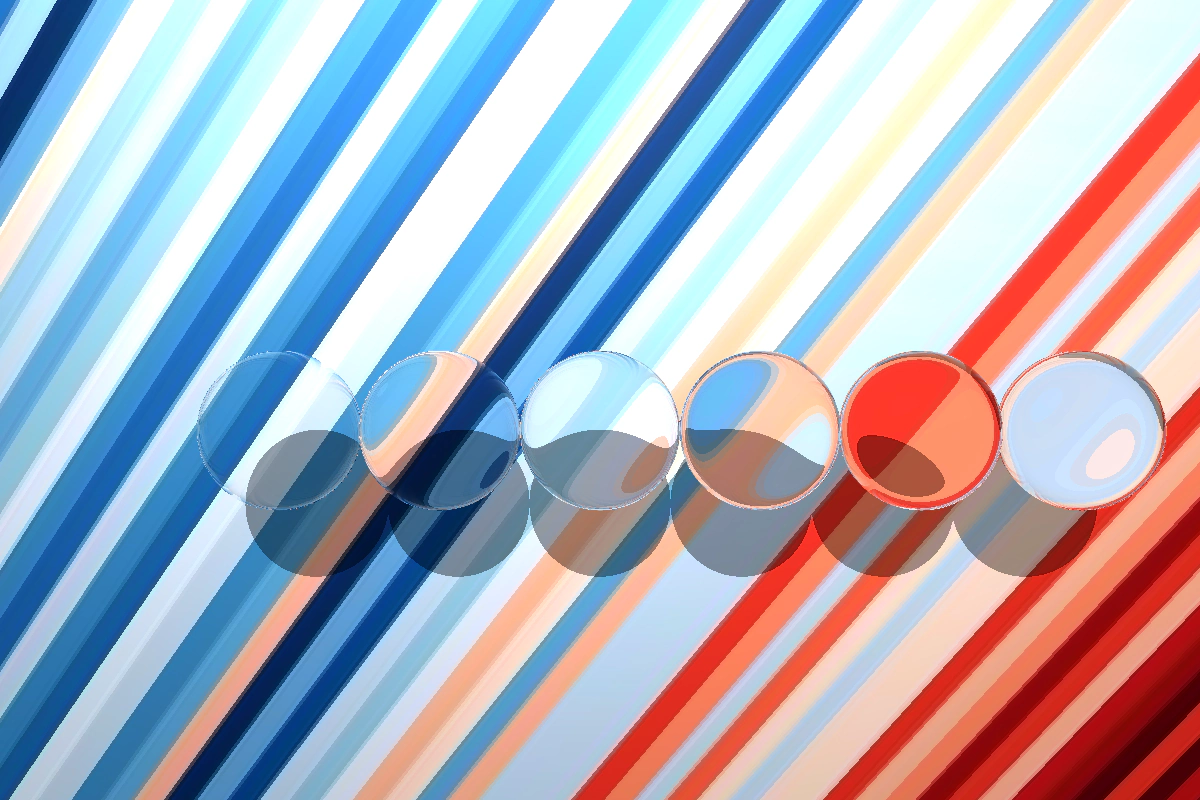 Five glass spheres bending coloured diagonal stripes by increasing amounts
