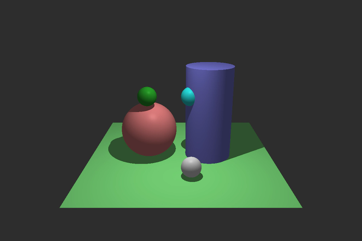 Several coloured primitives casting shadows across a green plane