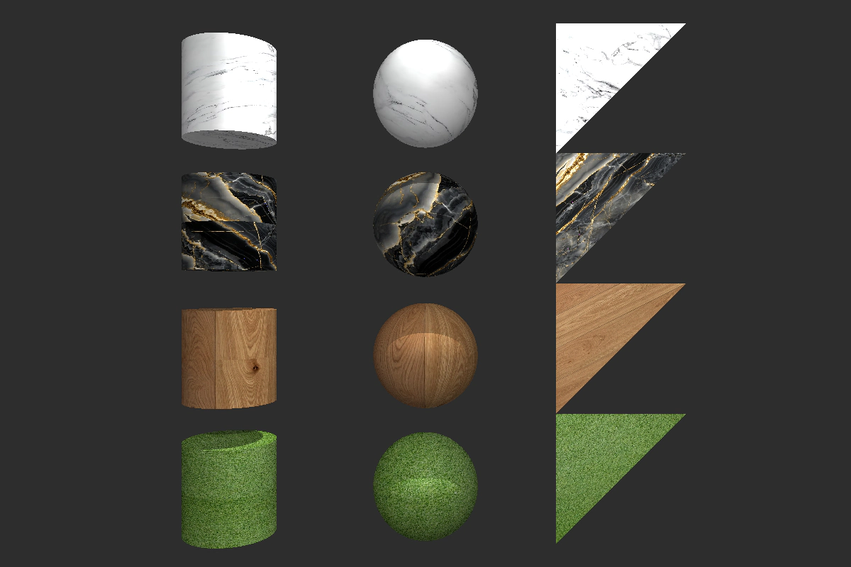Cylinders, spheres and triangles wrapped in marble, granite, wood and grass textures