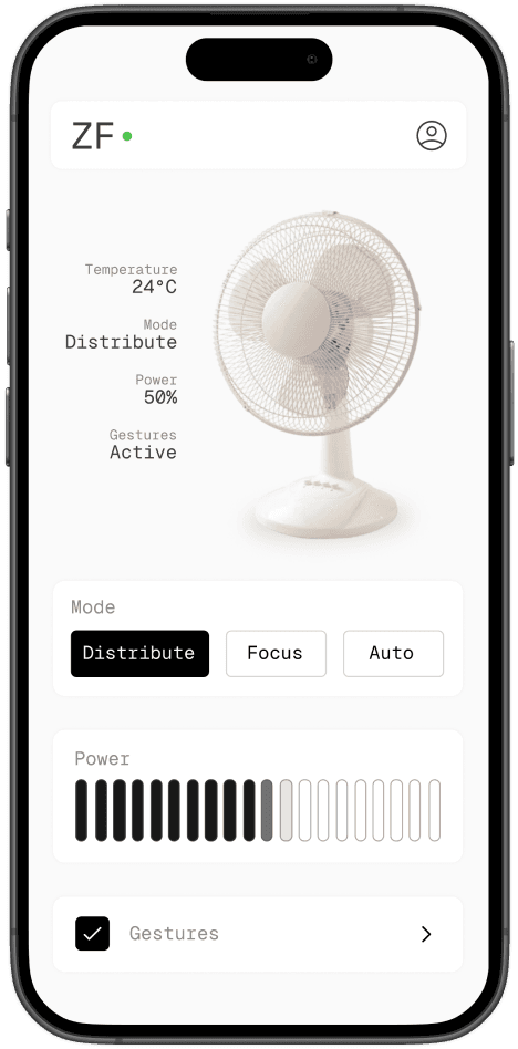 Zephyr Fan mobile app controls displayed in a phone frame